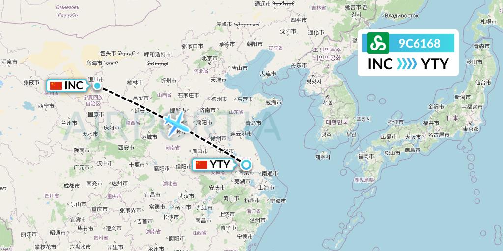 9C6168 Spring Airlines Flight Map: Yinchuan to Yangzhou