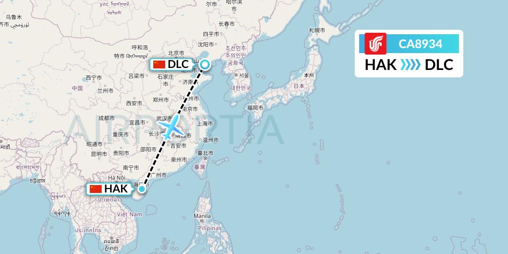 CA8934 Air China Flight Map: Haikou to Dalian