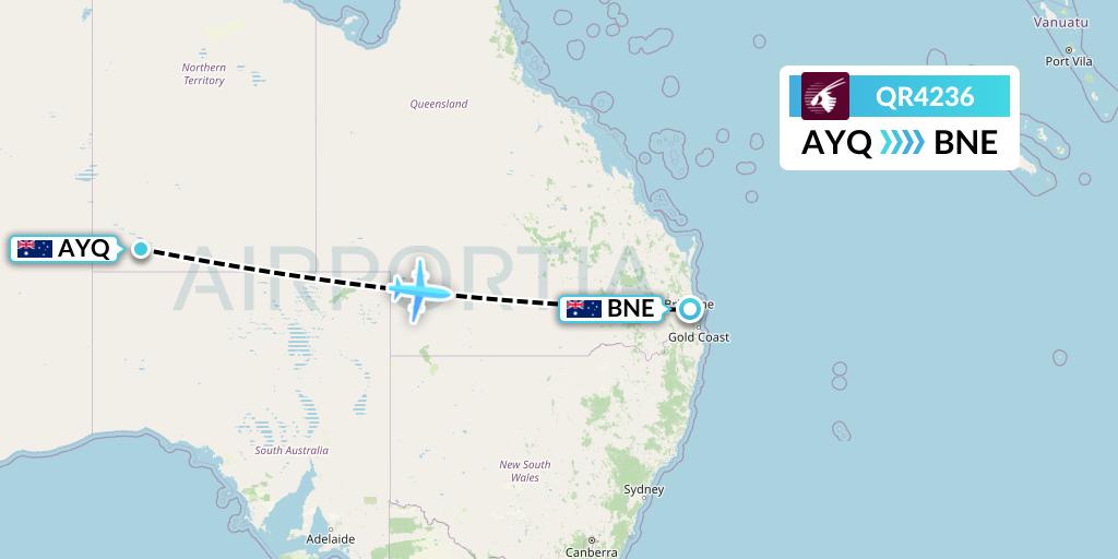 QR4236 Qatar Airways Flight Map: Ayers Rock to Brisbane