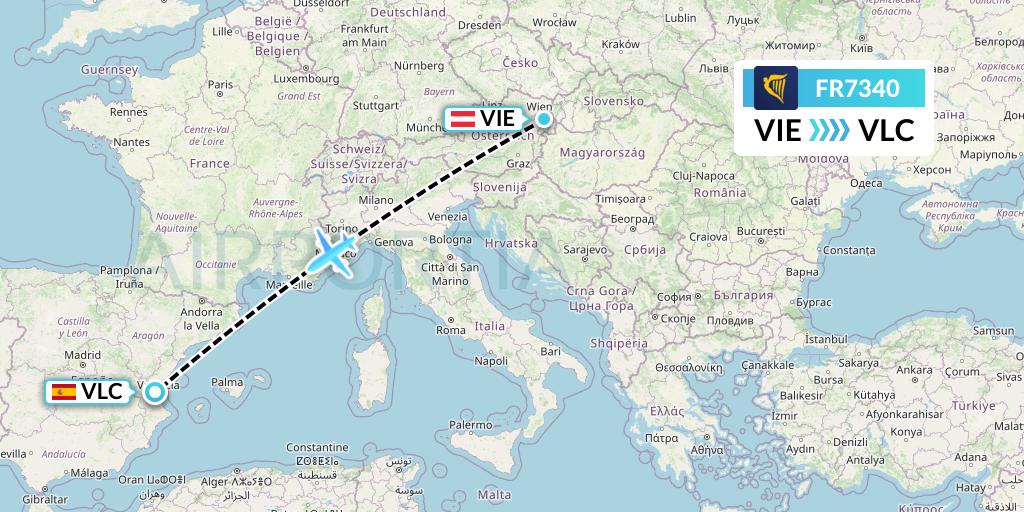 FR7340 Ryanair Flight Map: Vienna to Valencia