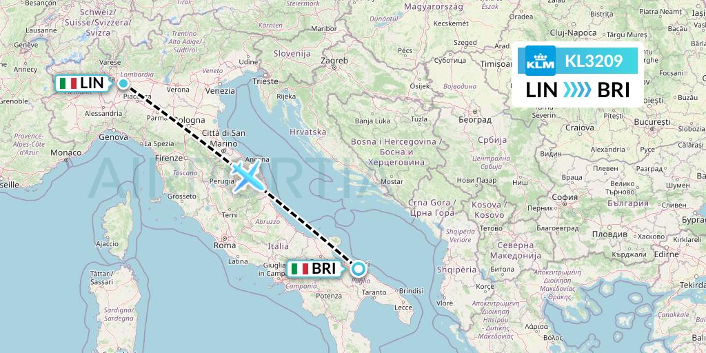 KL3209 KLM Flight Map: Milan to Bari