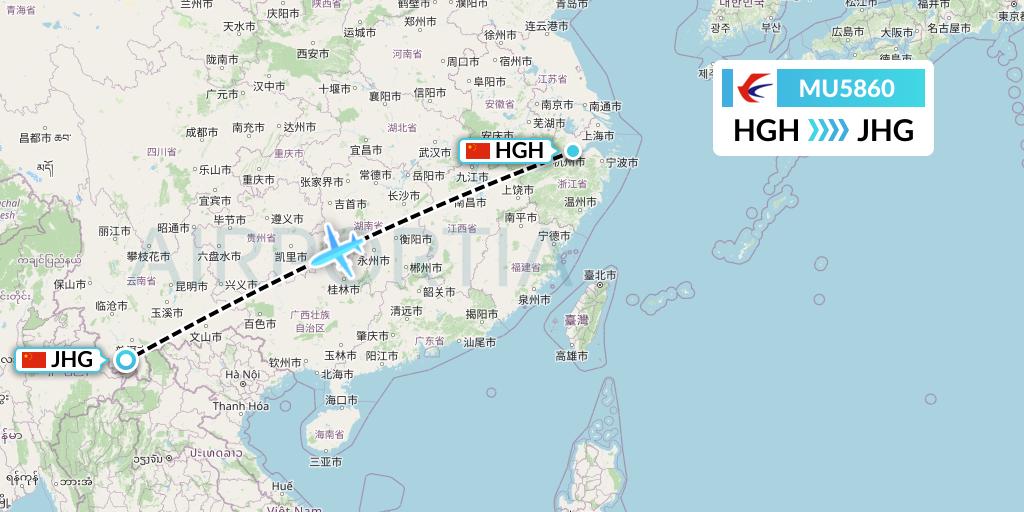 MU5860 China Eastern Airlines Flight Map: Hangzhou to Jinghong