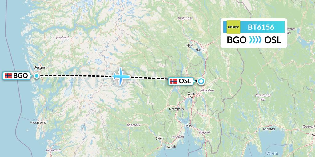 BT6156 Air Baltic Flight Map: Bergen to Oslo