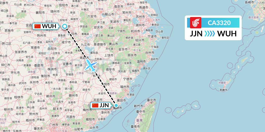 CA3320 Air China Flight Map: Jinjiang to Wuhan