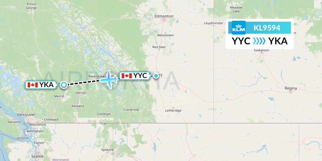 KL9594 KLM Flight Map: Calgary to Kamloops