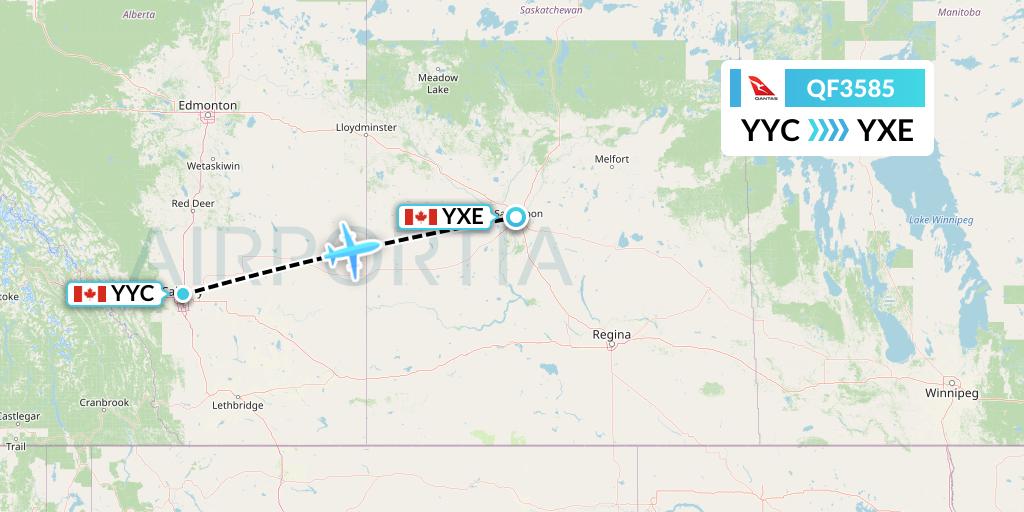 QF3585 Qantas Flight Map: Calgary to Saskatoon
