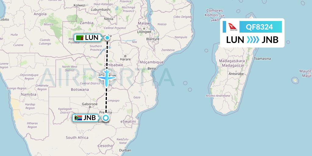 QF8324 Qantas Flight Map: Lusaka to Johannesburg