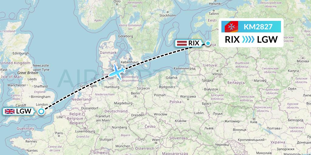 KM2827 Air Malta Flight Map: Riga to London