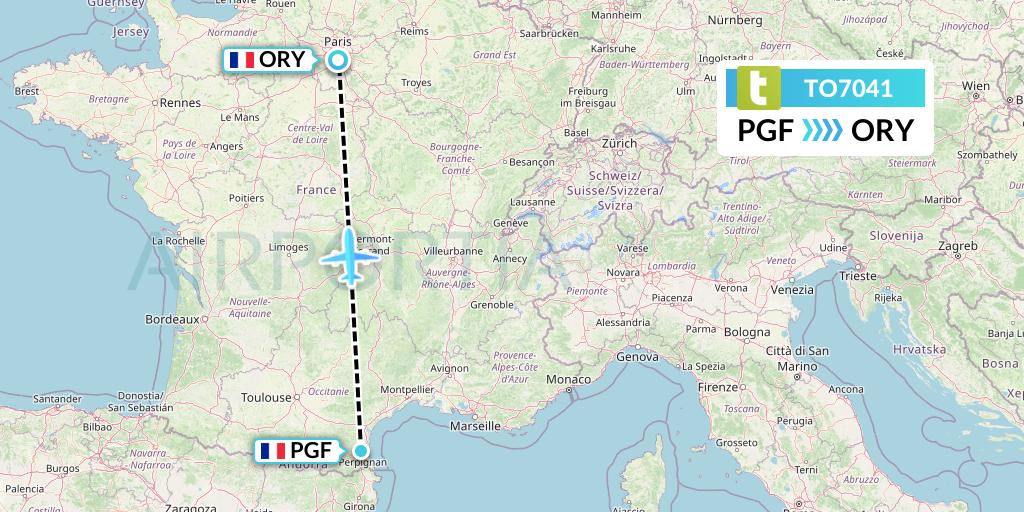 TO7041 Transavia France Flight Map: Perpignan to Paris