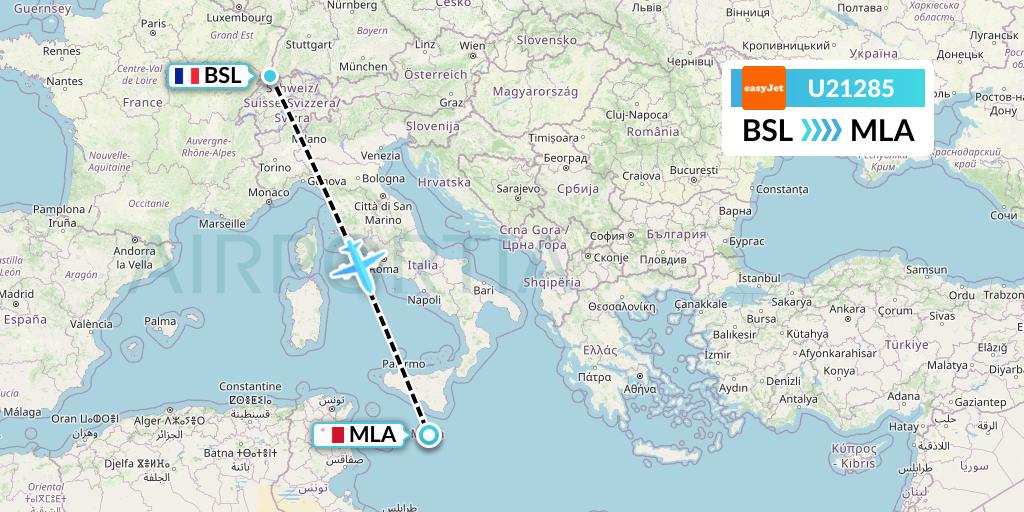 U21285 EasyJet Flight Map: Basel to Malta