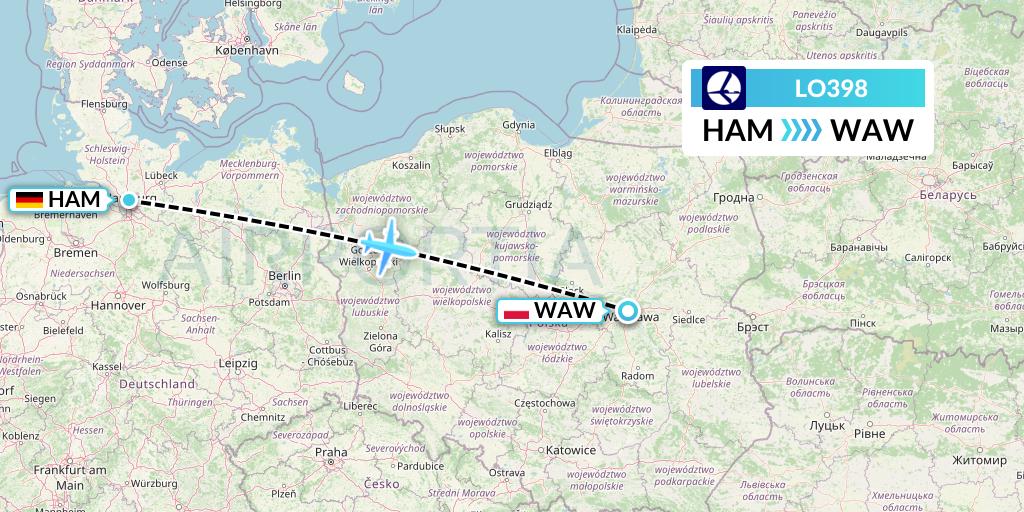 LO398 LOT Flight Map: Hamburg to Warsaw