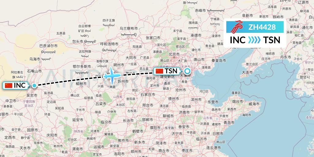 ZH4428 Shenzhen Airlines Flight Map: Yinchuan to Tianjin
