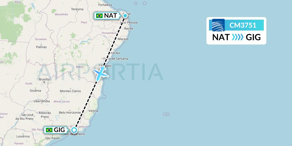 CM3751 Copa Airlines Flight Map: Natal to Rio de Janeiro