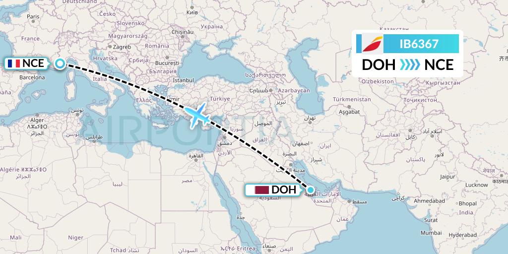 IB6367 Iberia Flight Map: Doha to Nice