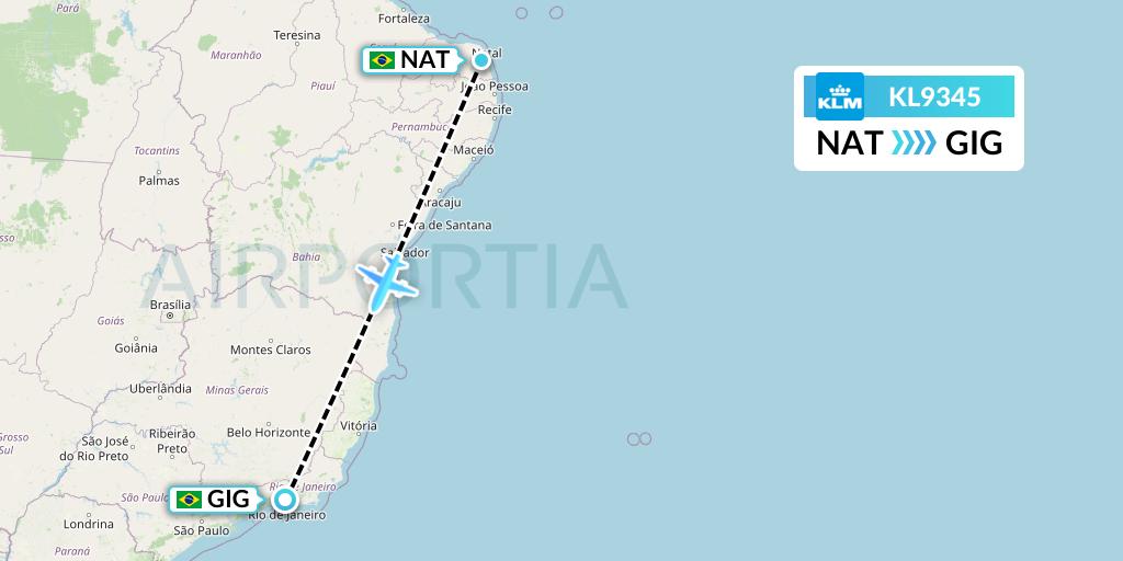 KL9345 KLM Flight Map: Natal to Rio de Janeiro