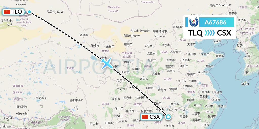 A67686 Hongtu Airlines Flight Map: Turpan to Changsha