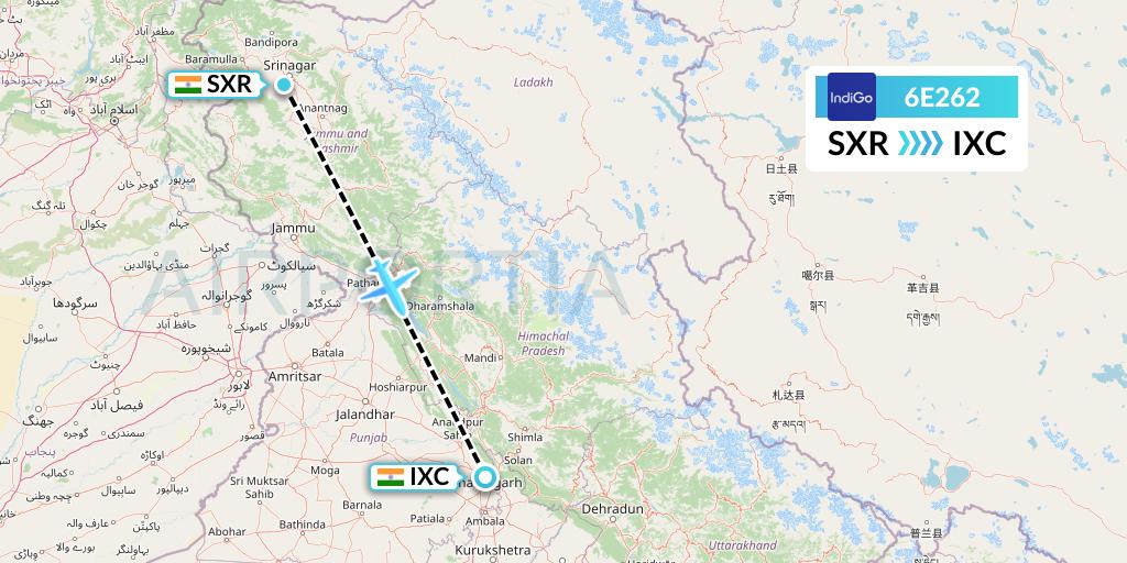 6E262 IndiGo Airlines Flight Map: Srinagar to Chandigarh
