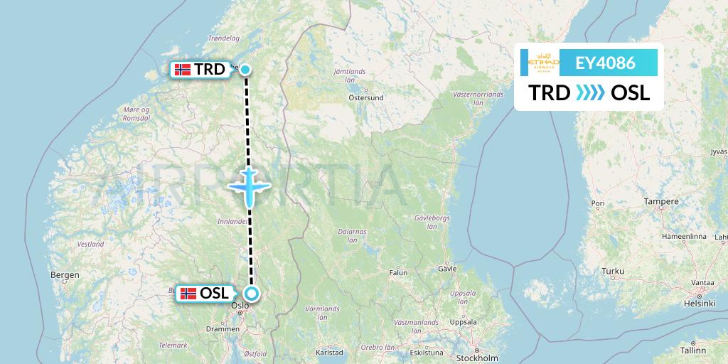 EY4086 Etihad Airways Flight Map: Trondheim to Oslo