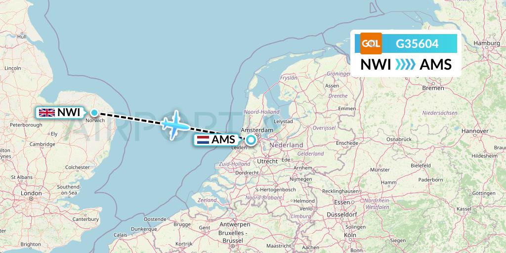 G35604 GOL Transportes Aeros Flight Map: Norwich to Amsterdam