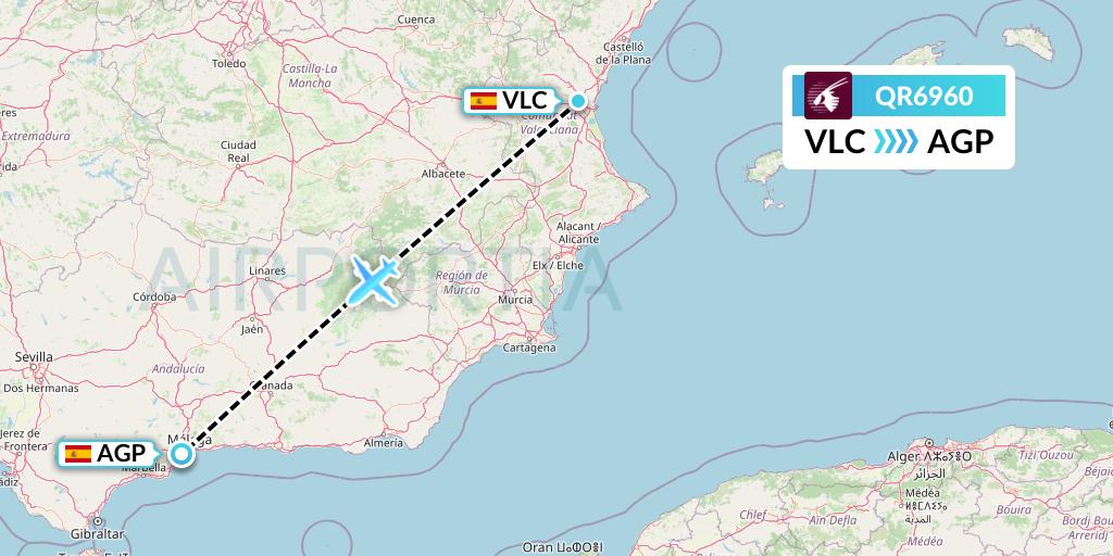 QR6960 Qatar Airways Flight Map: Valencia to Malaga
