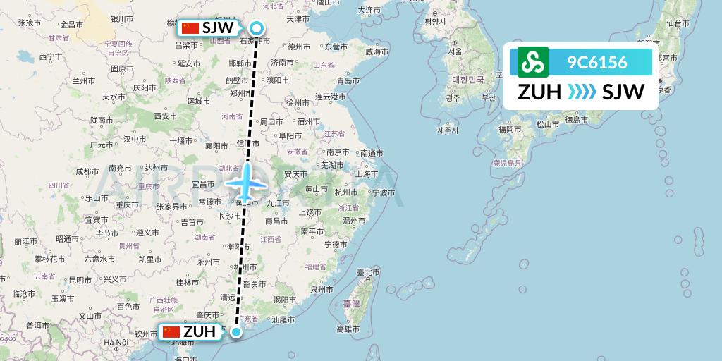 9C6156 Spring Airlines Flight Map: Zhuhai to Shijiazhuang