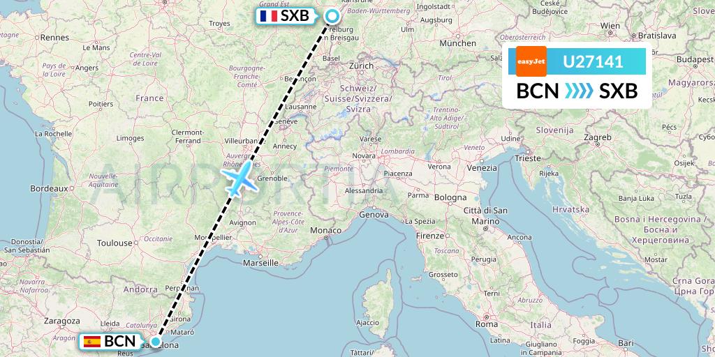 U27141 EasyJet Flight Map: Barcelona to Strasbourg