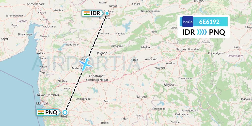6E6192 IndiGo Airlines Flight Map: Indore to Pune