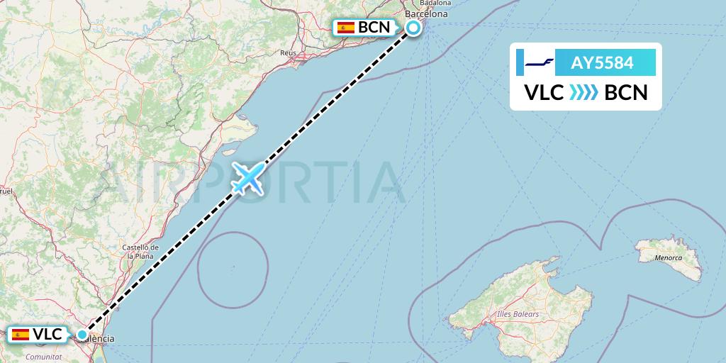 AY5584 Finnair Flight Map: Valencia to Barcelona