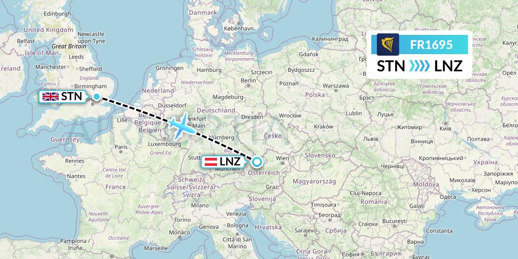 FR1695 Ryanair Flight Map: London to Linz
