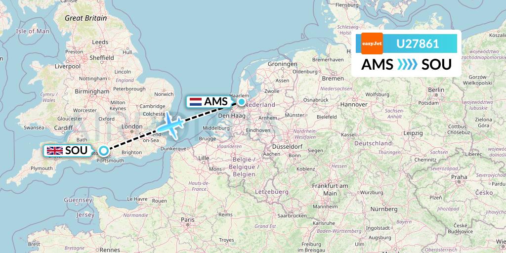 U27861 EasyJet Flight Map: Amsterdam to Southampton