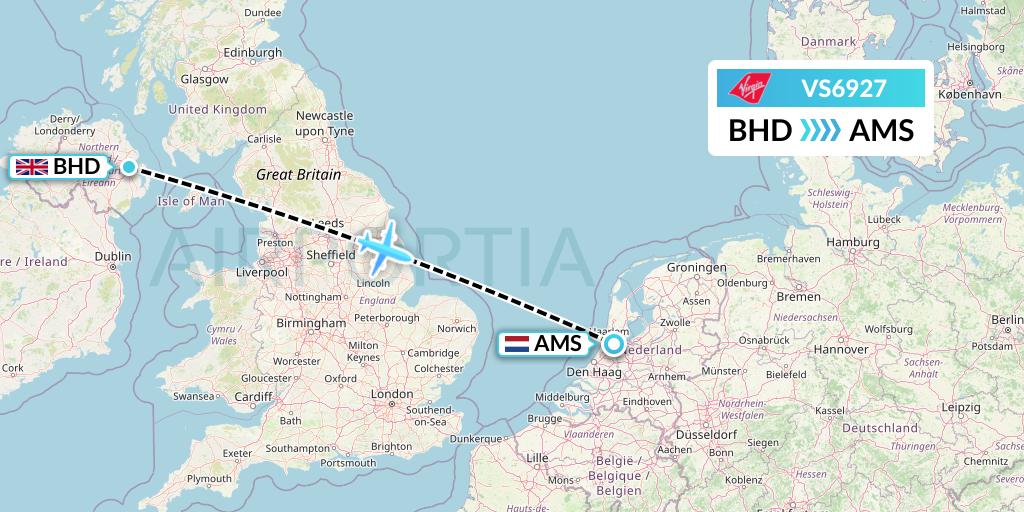 VS6927 Virgin Atlantic Airways Flight Map: Belfast to Amsterdam