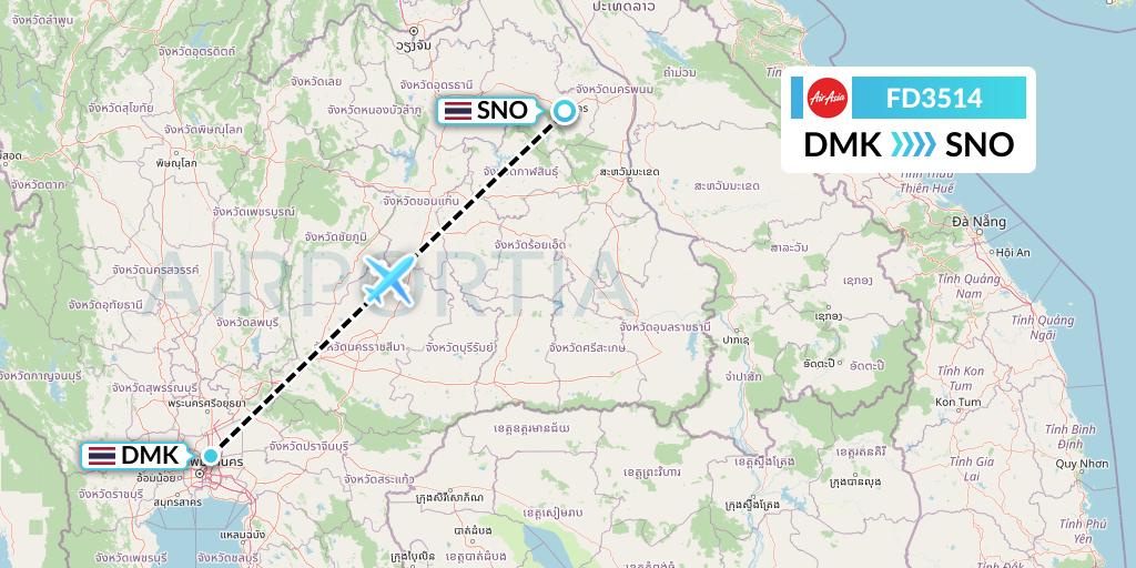 FD3514 Thai AirAsia Flight Map: Bangkok to Sakon Nakhon