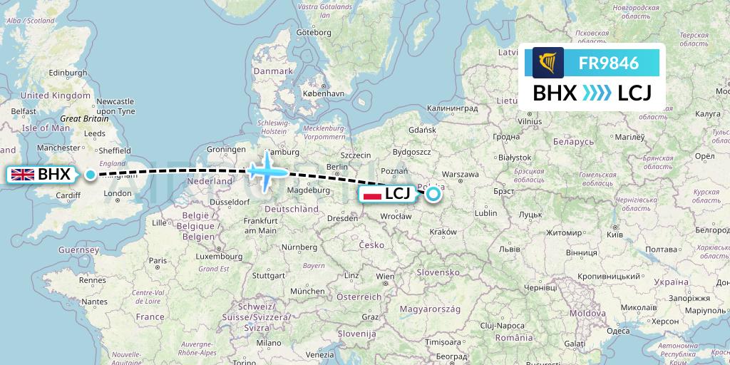 FR9846 Ryanair Flight Map: Birmingham to Lodz