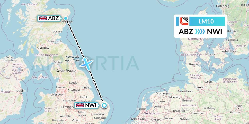 LM10 Loganair Flight Map: Aberdeen to Norwich