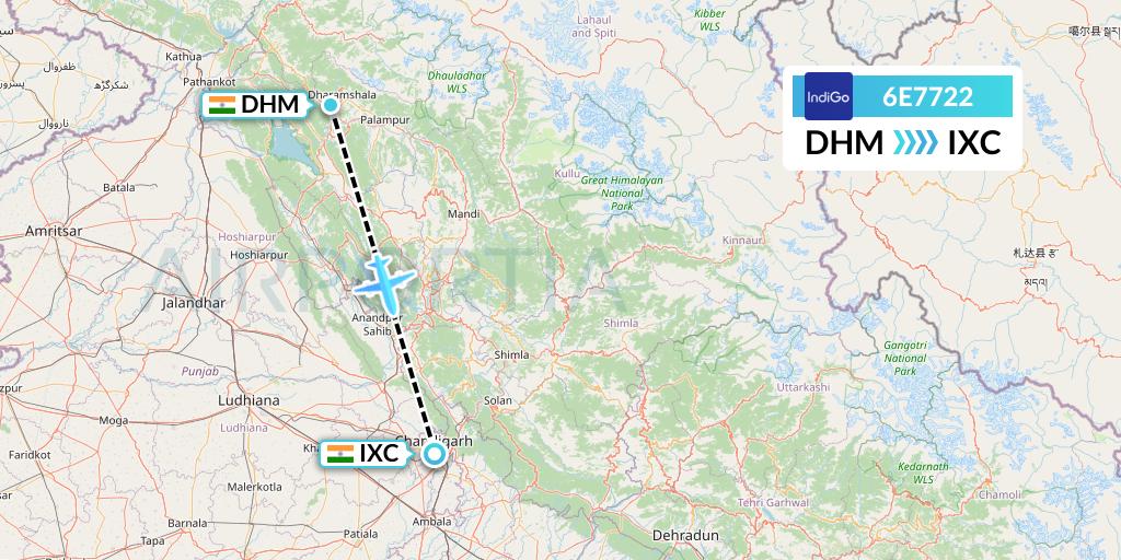 6E7722 IndiGo Airlines Flight Map: Dharamsala to Chandigarh
