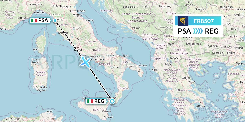 FR8507 Ryanair Flight Map: Pisa to Reggio Calabria