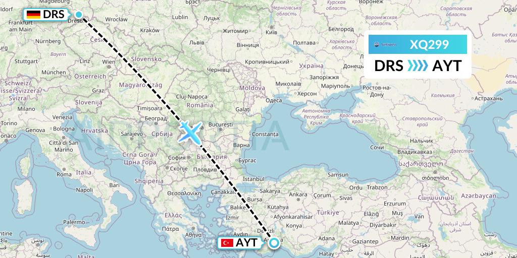 XQ299 SunExpress Flight Map: Dresden to Antalya