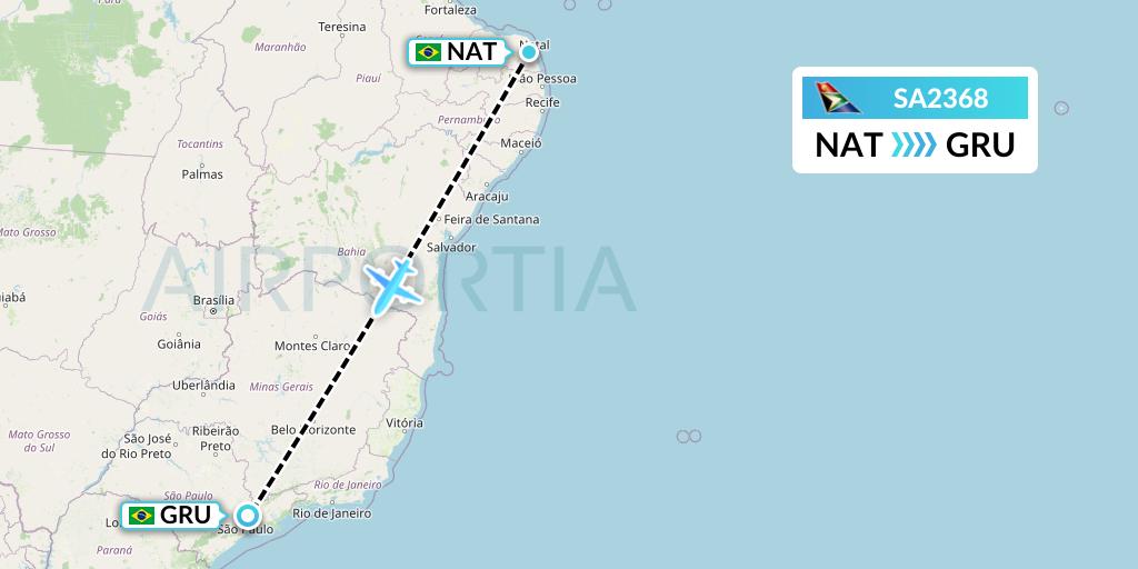 SA2368 South African Airways Flight Map: Natal to Sao Paulo