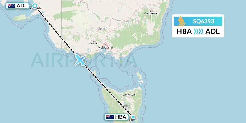 SQ6393 Singapore Airlines Flight Map: Hobart to Adelaide