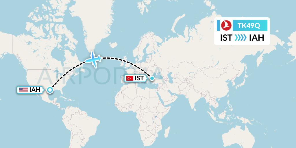 TK49Q Turkish Airlines Flight Map: Istanbul to Houston