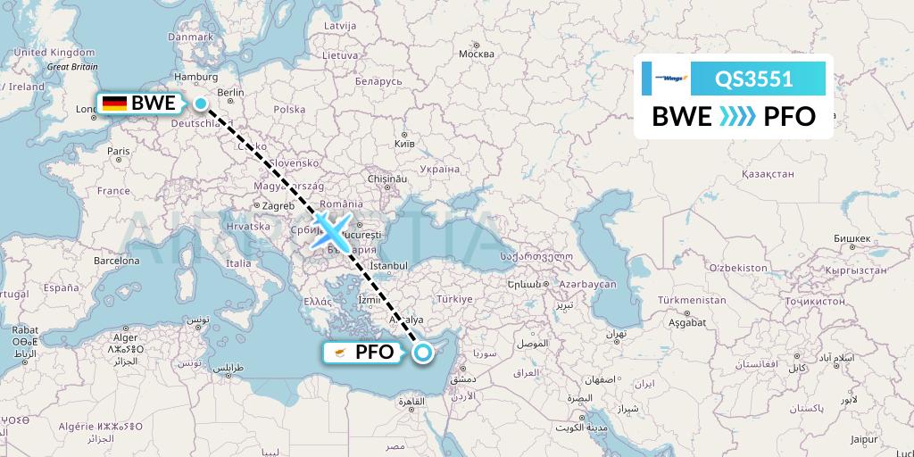 QS3551 Smartwings Flight Map: Braunschweig to Pafos