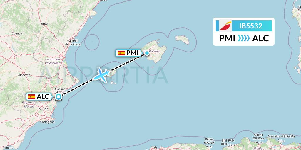 IB5532 Iberia Flight Map: Palma de Mallorca to Alicante