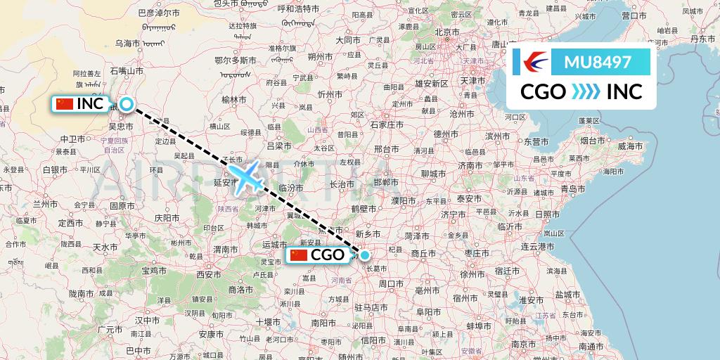 MU8497 China Eastern Airlines Flight Map: Zhengzhou to Yinchuan