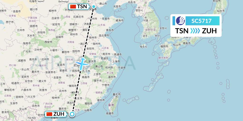 SC5717 Shandong Airlines Flight Map: Tianjin to Zhuhai