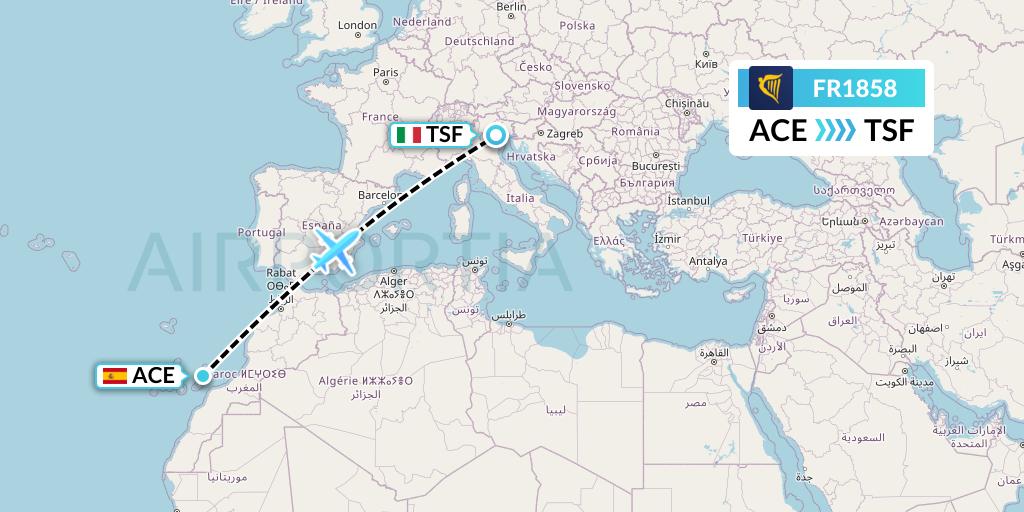 FR1858 Ryanair Flight Map: Lanzarote to Treviso