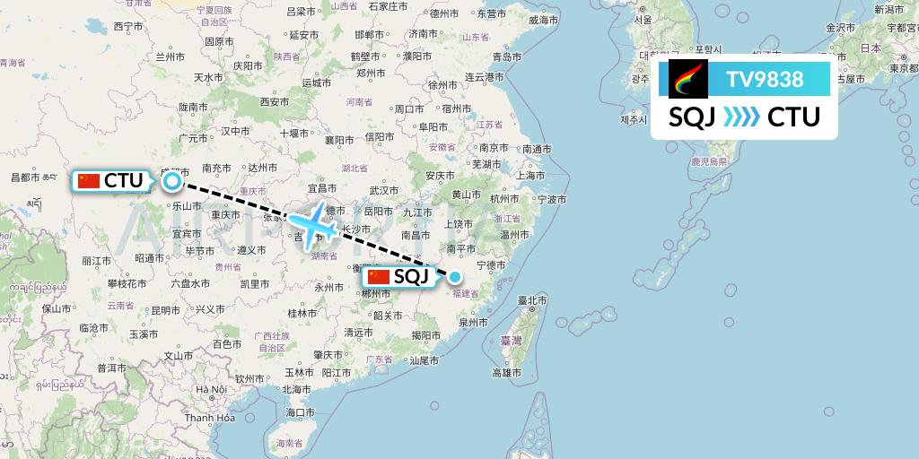 TV9838 Tibet Airlines Flight Map: Fuzhou to Chengdu
