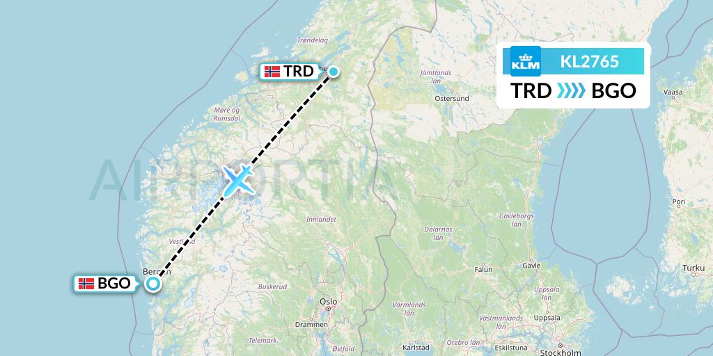 KL2765 KLM Flight Map: Trondheim to Bergen