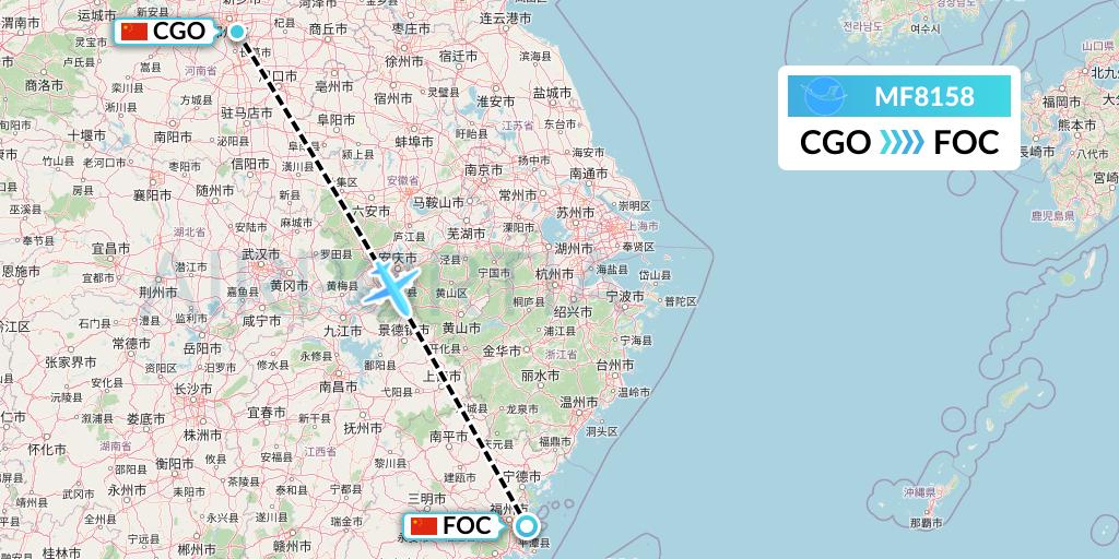 MF8158 Xiamen Airlines Flight Map: Zhengzhou to Fuzhou