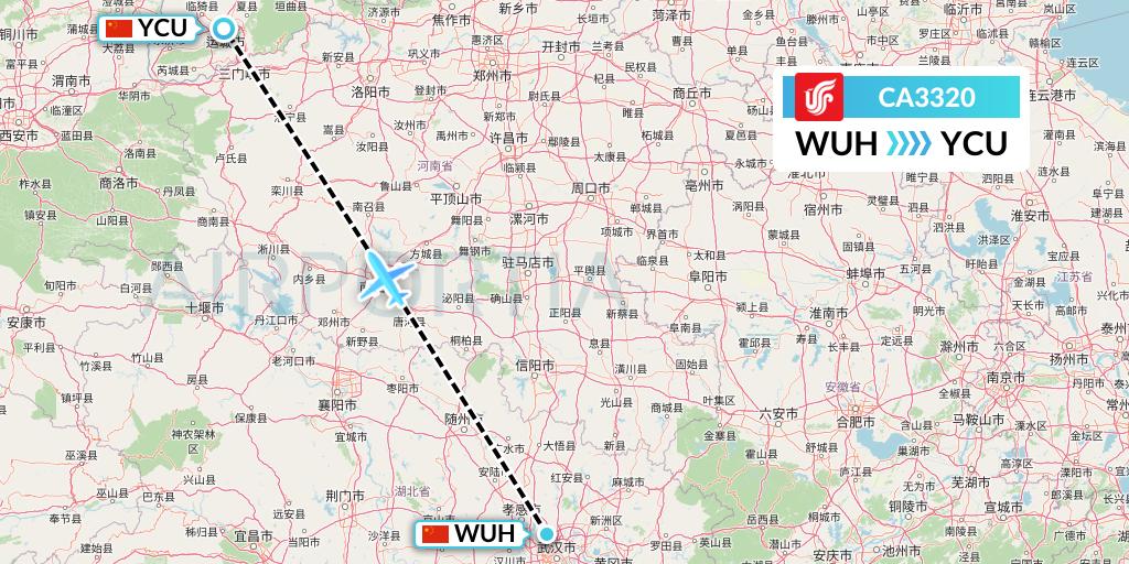 CA3320 Air China Flight Map: Wuhan to Yuncheng