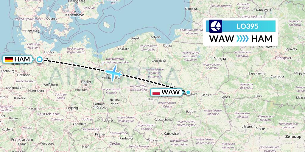 LO395 LOT Flight Map: Warsaw to Hamburg